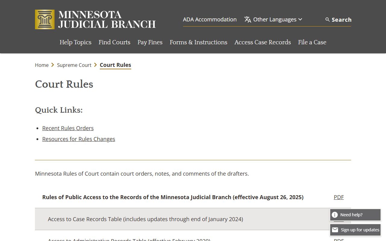 Martin County court records Minnesota court rules access page