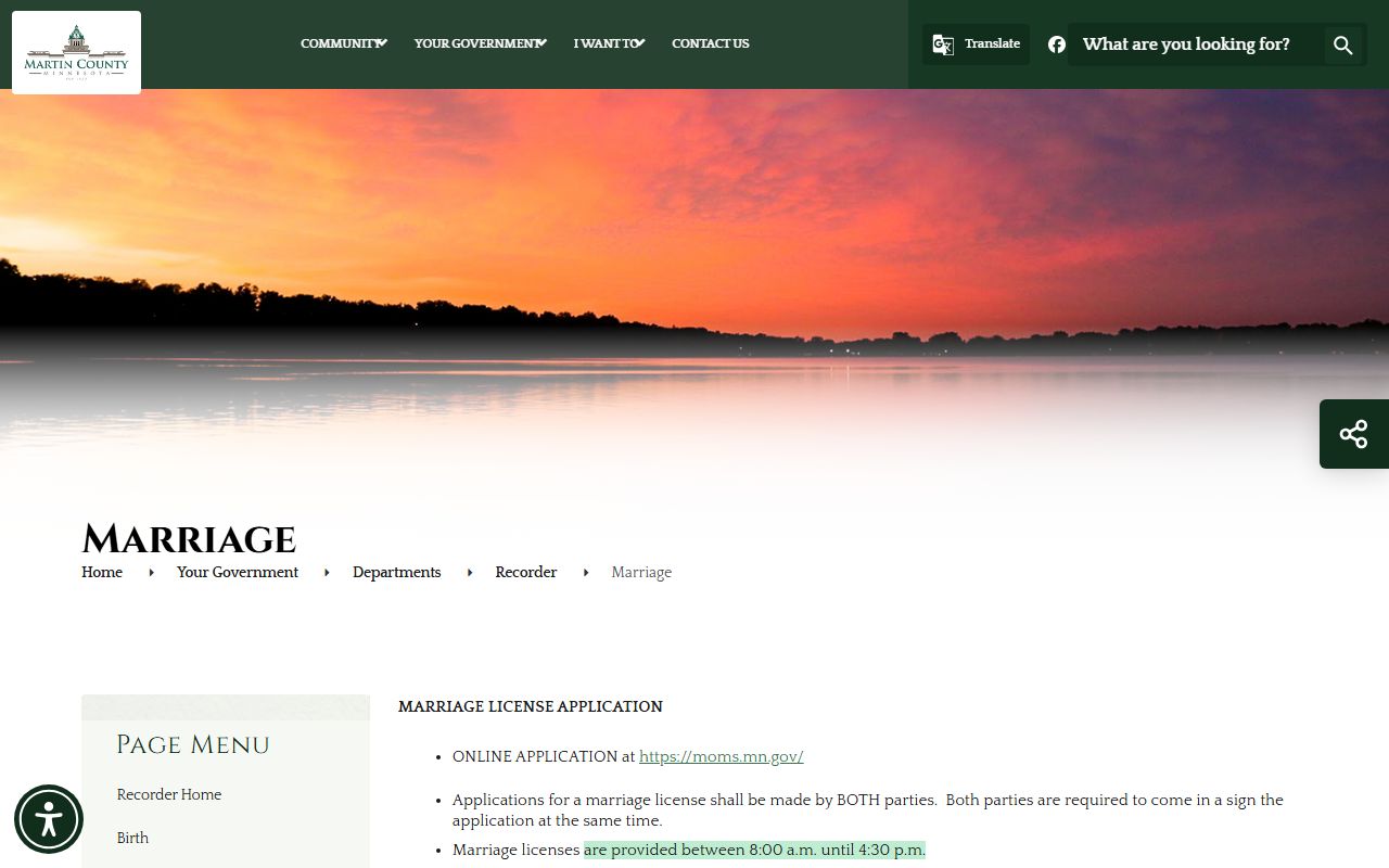 Martin County marriage divorce records Recorder marriage page