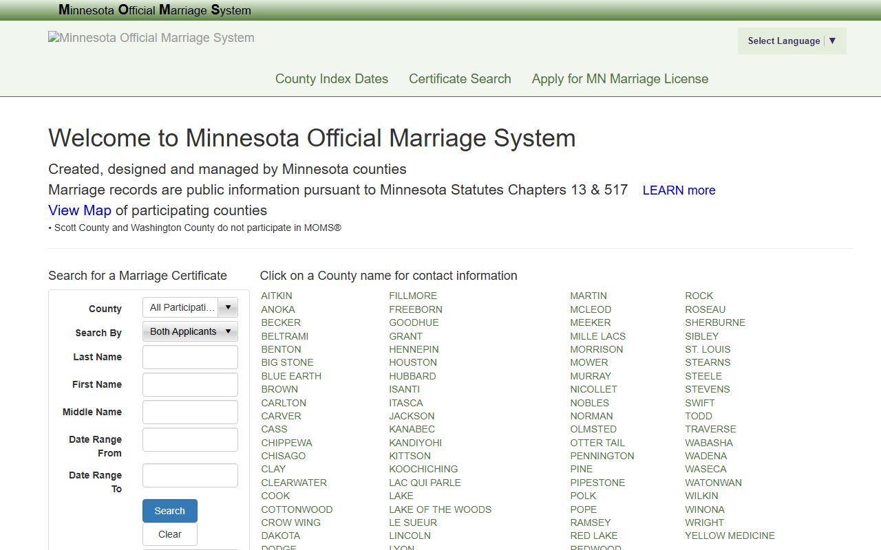Martin County marriage divorce records MOMS marriage system page